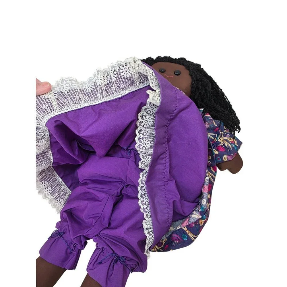 Handmade 90/00s 26″ African American Cloth Rag Doll Yarn Hair Folk Art Vtg Style